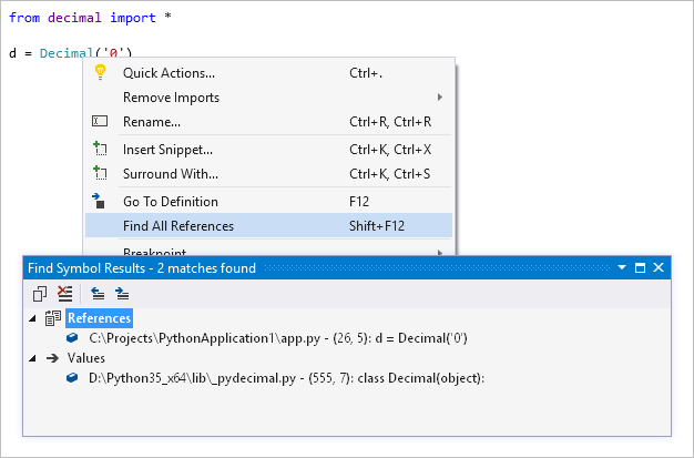 螢幕擷取畫面，顯示 Visual Studio 中的 [尋找所有參考] 結果。