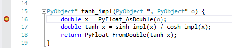 Screenshot of C++ code that contains a breakpoint in Visual Studio.