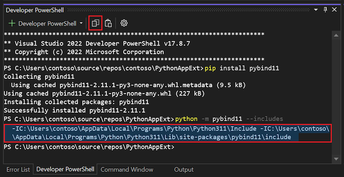Screenshot that shows how to highlight and copy the list of paths from the Developer PowerShell window in Visual Studio.