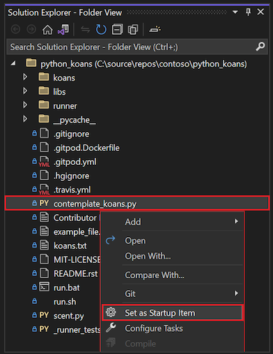 顯示如何將 contemplate koans Python 檔案設定為 Visual Studio 2022 方案總管中的啟動項目的螢幕擷取畫面。