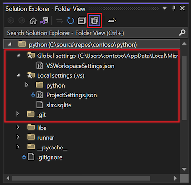 顯示如何在 Visual Studio 2022 的方案總管中檢視隱藏資料夾及檔案的螢幕擷取畫面。