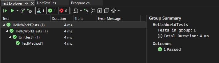 在測試檔案總管中檢視單元測試結果