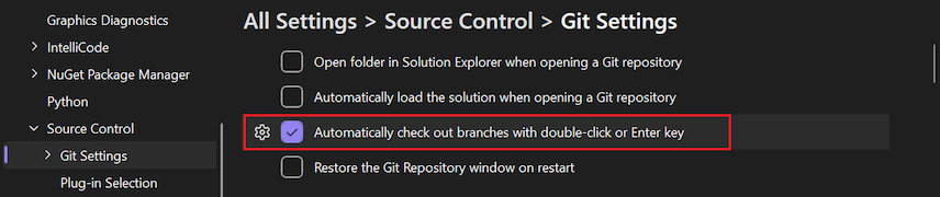 這是選項欄中「雙擊或 Enter 鍵自動檢查分支」選項的截圖。
