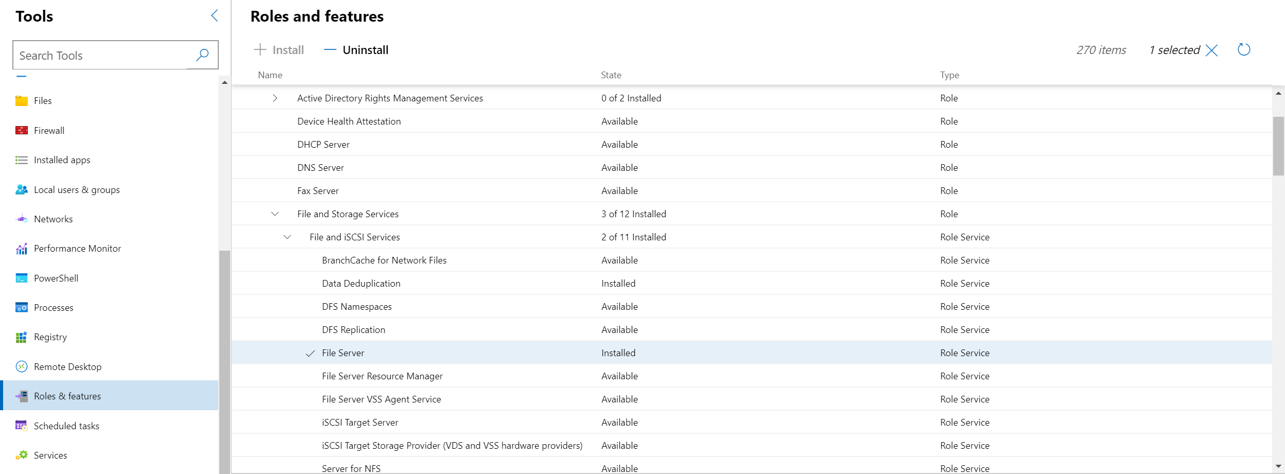 Screenshot of Roles and Features showing the File and iSCSI Services role selected