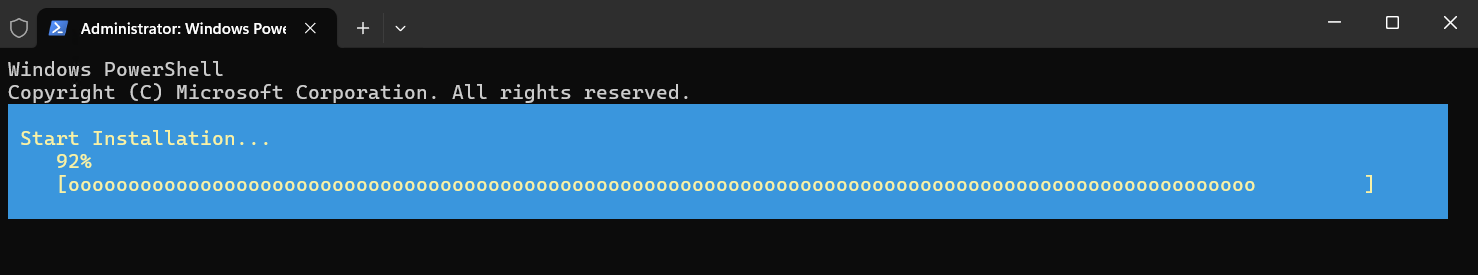 PowerShell 視窗的螢幕快照，其中顯示在 Windows Server 中安裝 Hyper-V 的進度。
