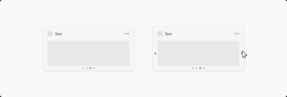 這組兩個影像會顯示垂直分頁。在第一個影像中,一列點沿著底部對齊。一個點較大,表示目前使用中的頁面。在第二個影像中,游標將滑鼠停留在小工具右側的向右箭號上,讓使用者移至下一頁。小工具左側有相符的左指箭號,可供流覽至上一頁。