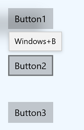 三個標示為 Button1、Button2 和 Button3 的按鈕截圖，按鈕 Button2 上方有提示顯示支援 Windows+B 加速器。