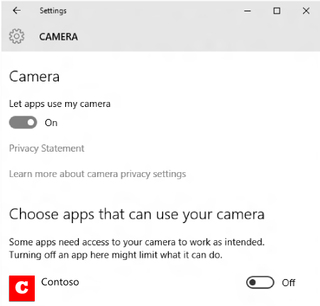 Windows 相機隱私權設定的螢幕快照。