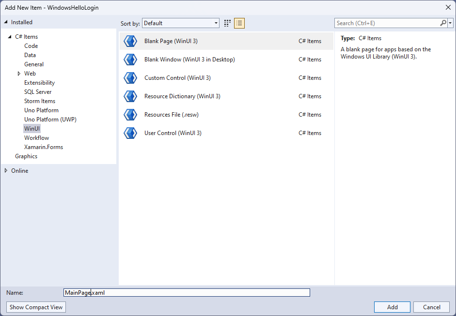 一張關於將空白頁新增到 Windows Hello 登入專案的截圖