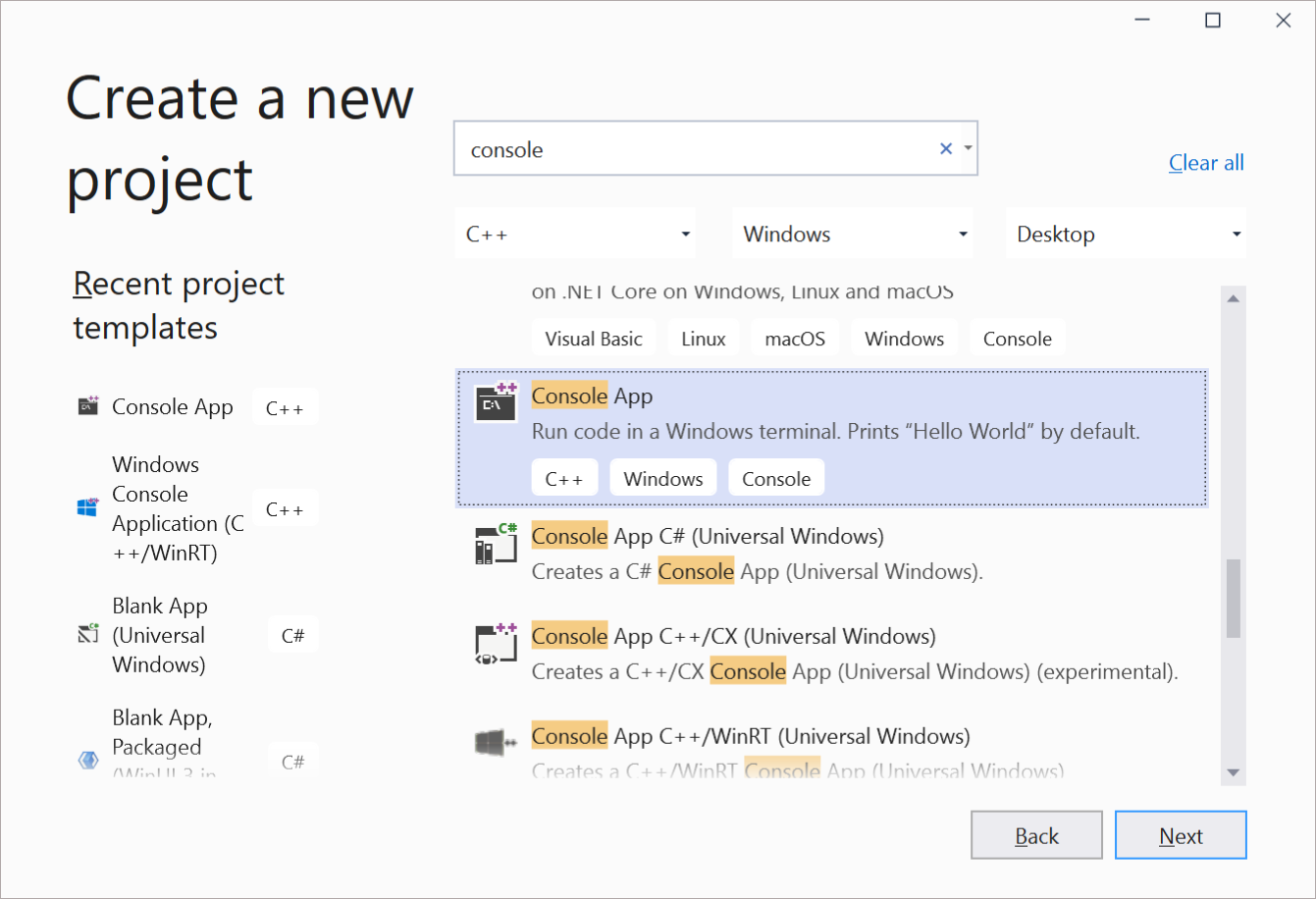 在 Visual Studio 中建立新 C++ 應用程式的截圖