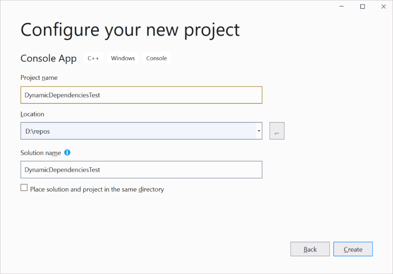 在 Visual Studio 中為新 C++ 應用程式命名的截圖