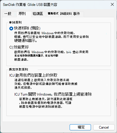 磁碟管理的原則選項。