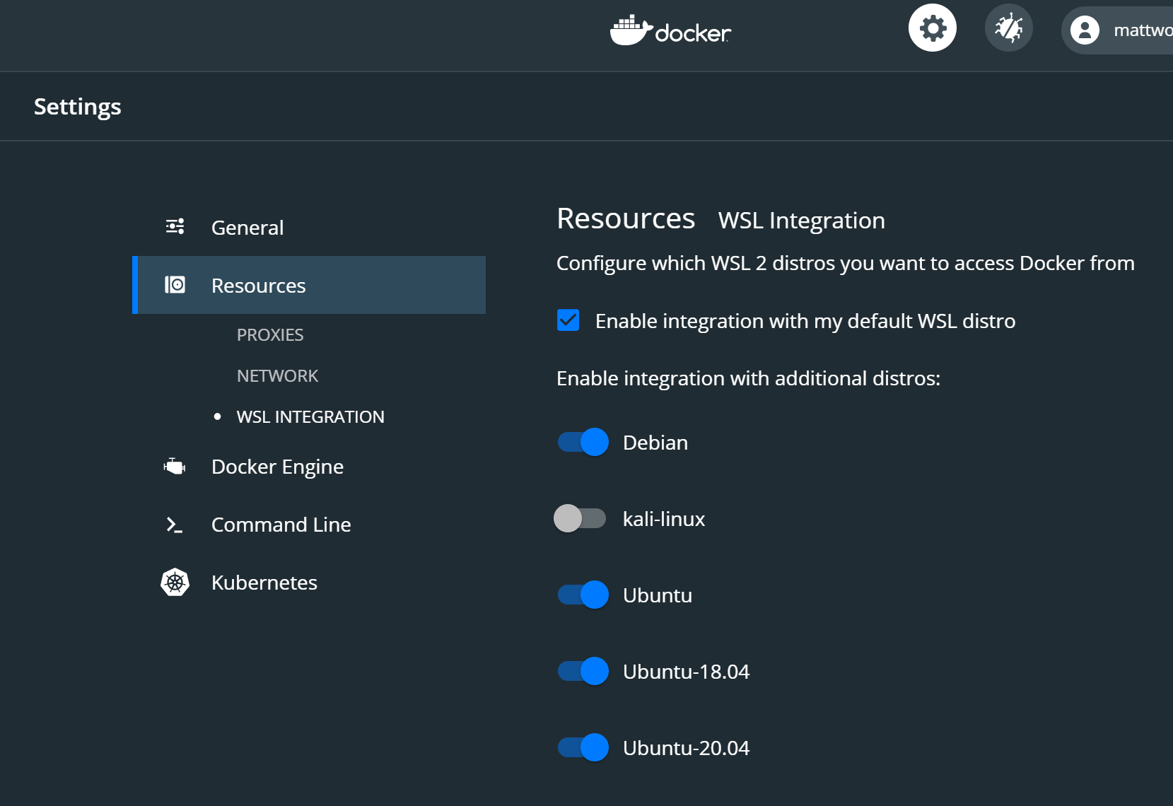 Docker Desktop WSL2 功能表螢幕快照