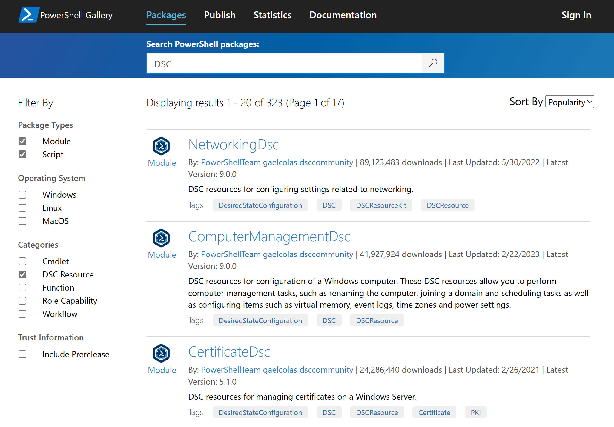 來自 PowerShell Gallery 的期望狀態配置 PowerShell 模組搜尋結果