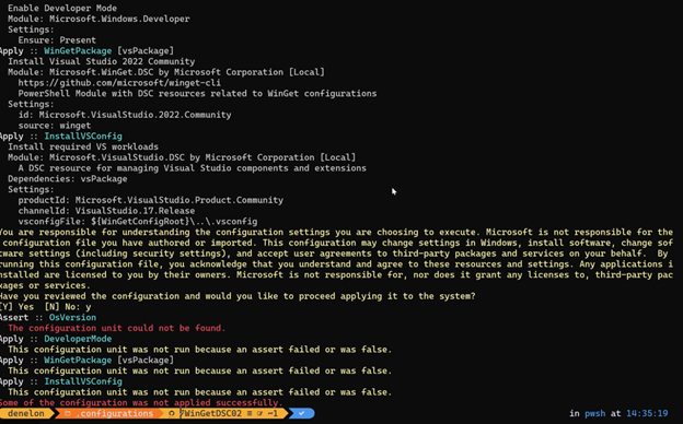 PowerShell 終端機的螢幕快照，顯示執行 WinGet 組態檔的過程，其中 OSVersion 斷言和相依資源失敗。