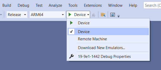 在 Visual Studio 中選取 [裝置] 作為部署目標