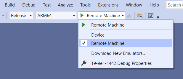在 Visual Studio 中選取 [遠端電腦] 作為部署目標