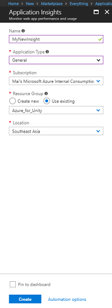 Application Insights 視窗的螢幕快照。名稱和應用程式類型會反白顯示。