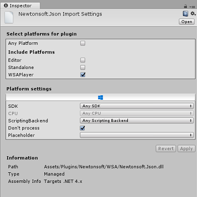 截圖顯示 WSA 資料夾中 Newtonsoft 插件的正確選擇。