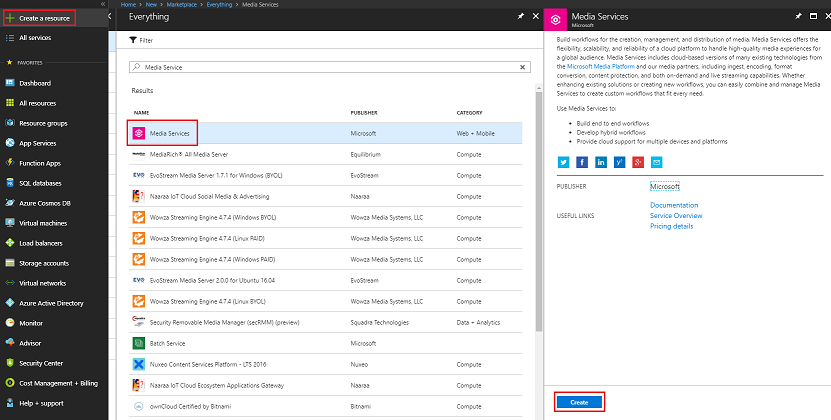 Azure 入口網站的螢幕擷取畫面。建立按鈕會反白顯示。