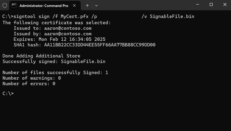 顯示命令提示字元視窗的螢幕快照，其中顯示 'signtool sign /f MyCert.pfx /p MyCertPassword /v SignableFile.bin' 命令。