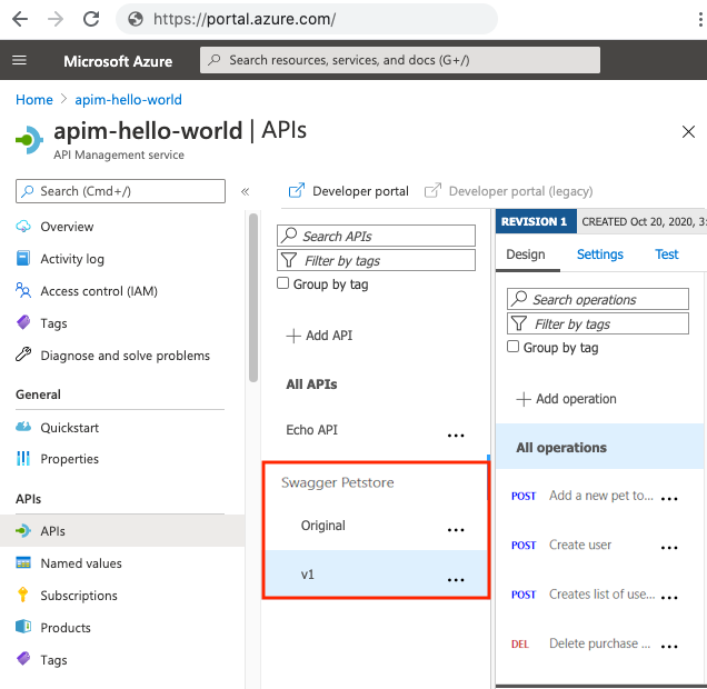 顯示 Azure 入口網站中 API 版本的螢幕快照。
