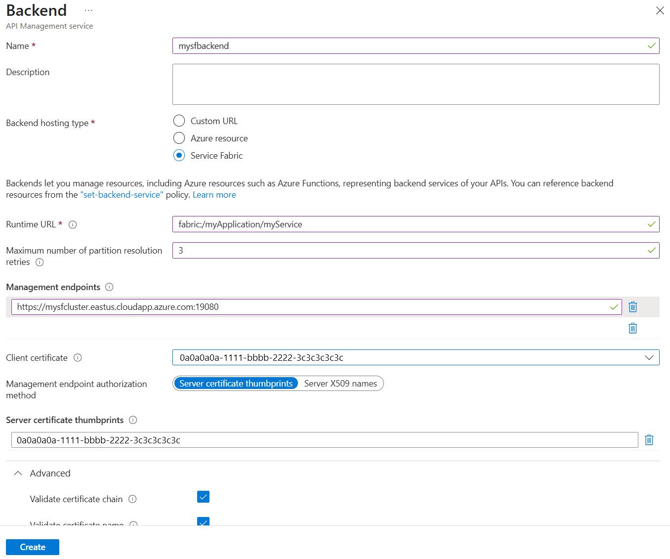 建立 Service Fabric 後端