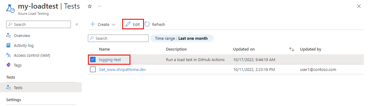 顯示 Azure 入口網站中 Azure 負載測試資源的測試清單，並強調顯示 [編輯] 按鈕的螢幕擷取畫面。