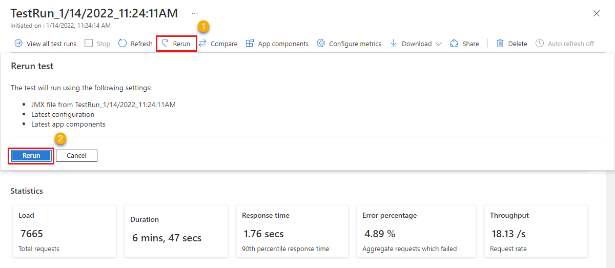 顯示執行負載測試之選取項目的螢幕擷取畫面。