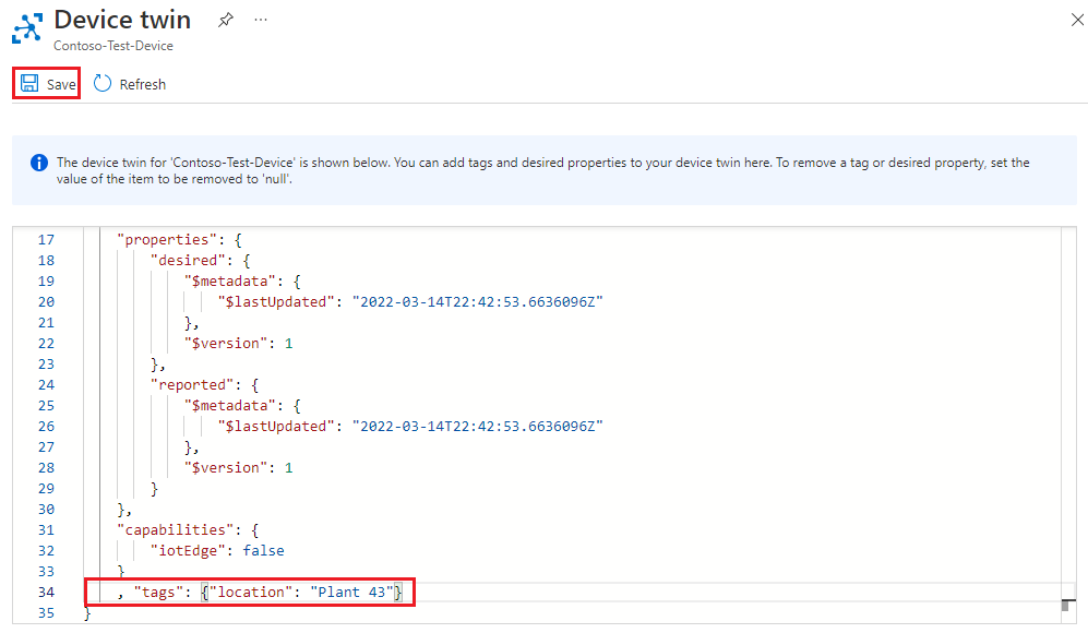在 Azure 入口網站中將位置標籤新增至裝置對應項的螢幕擷取畫面。