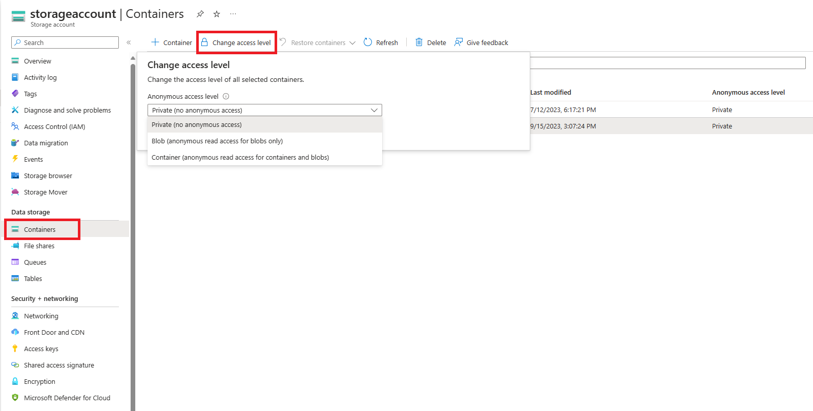 顯示如何在入口網站中設定匿名存取層級的螢幕快照。