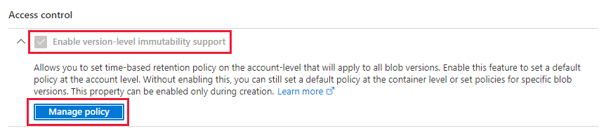 顯示如何為儲存體帳戶管理預設版本層級不變性原則的螢幕擷取畫面