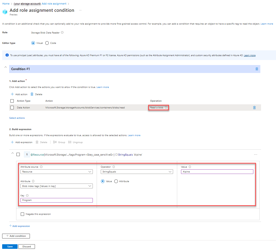 Azure 入口網站中條件 1 編輯器的螢幕擷取畫面，顯示對具有 Blob 索引標記和路徑的 Blob 有讀取存取。