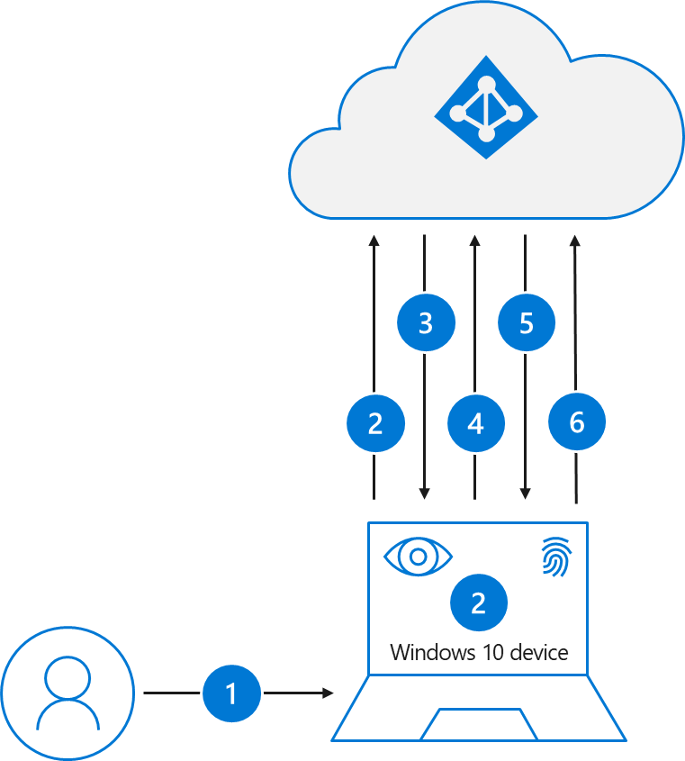 概述使用 Windows Hello 企業版進行使用者登入所牽涉步驟的圖表