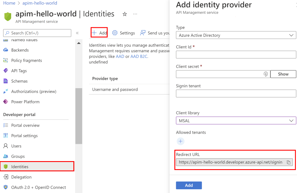 在 Azure 入口網站 中新增識別提供者的螢幕快照。