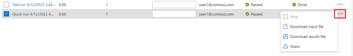 顯示 Azure 入口網站中測試回合作功能表的螢幕快照，可下載輸入檔案、結果檔案，以及共用連結。