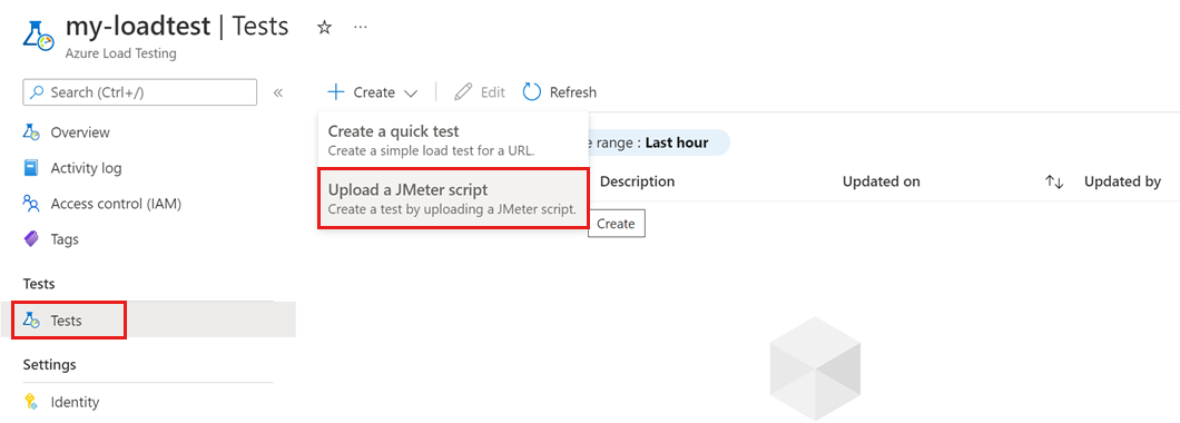 顯示 [測試] 頁面的螢幕擷取畫面，其中醒目提示用於建立新測試的按鈕。