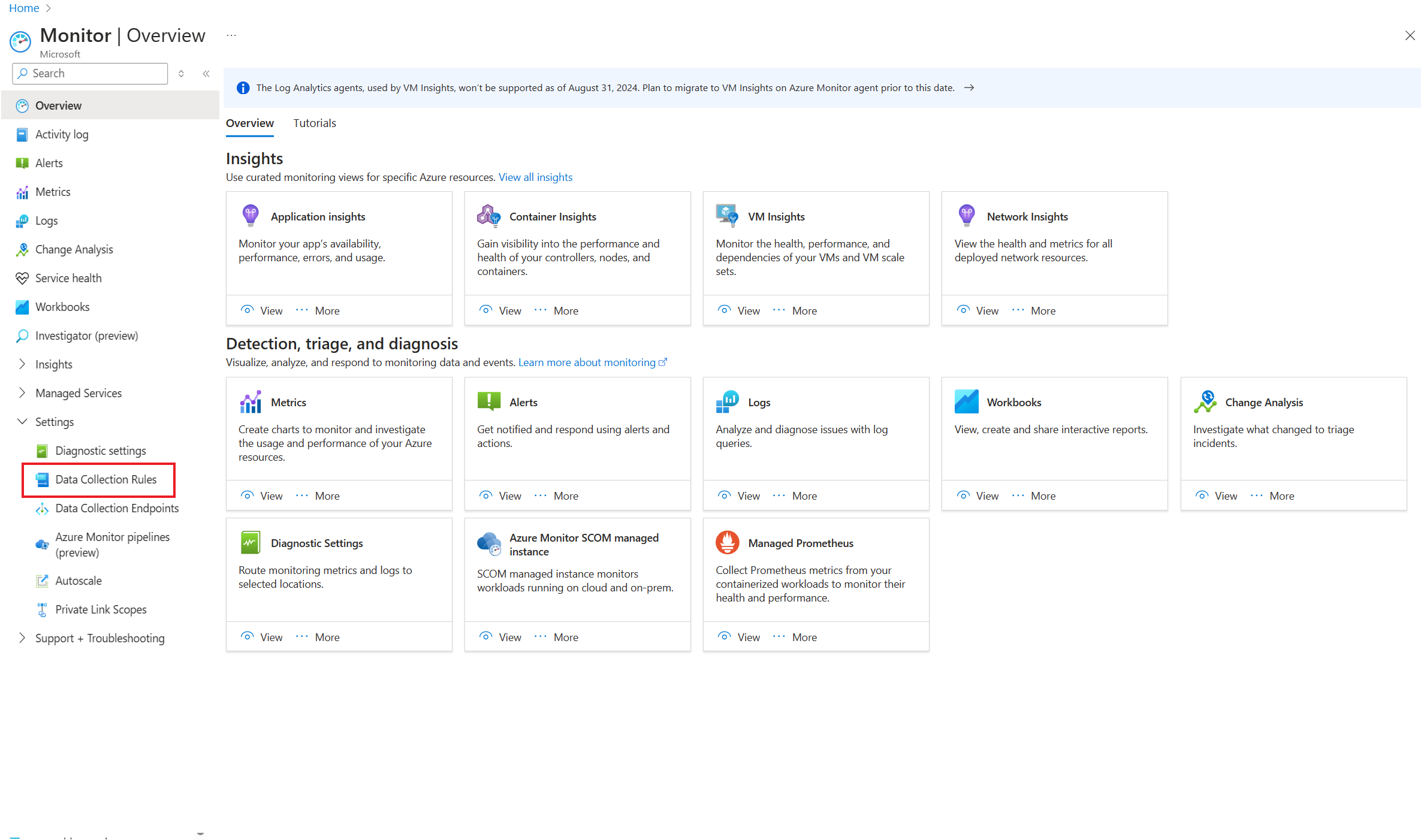 顯示從 Azure 監視器存取資料收集規則之功能表選項的螢幕快照。