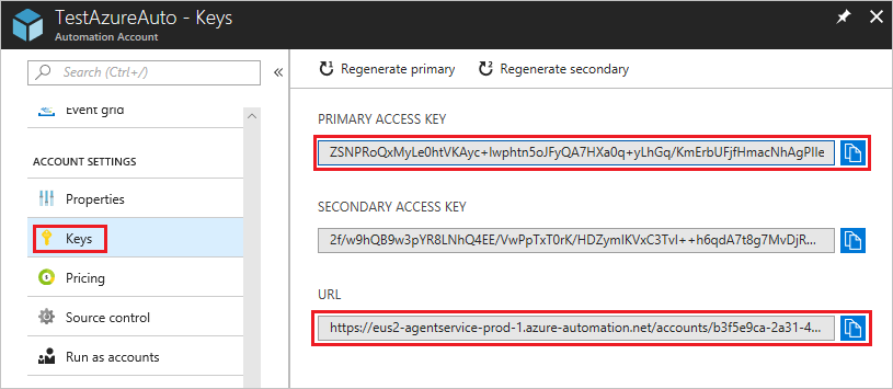 Azure automation keys and URL