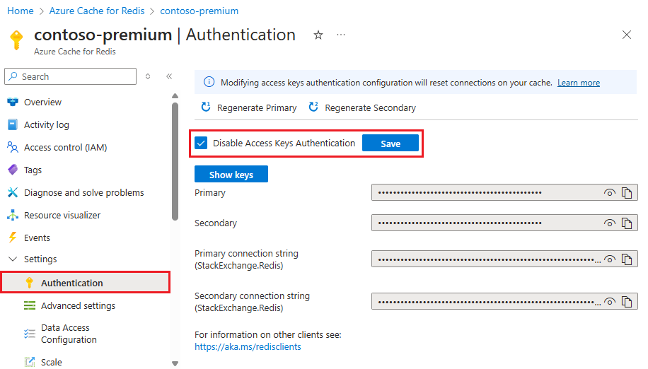 停用存取金鑰驗證的螢幕快照。