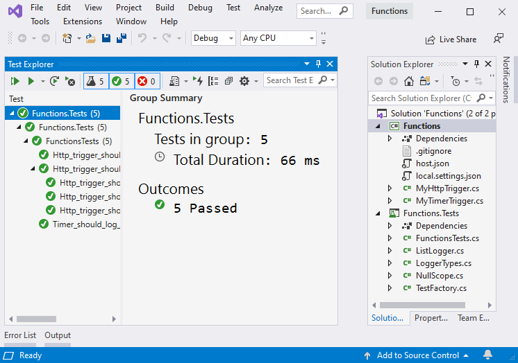 使用 Visual Studio 中的 C# 測試 Azure Functions