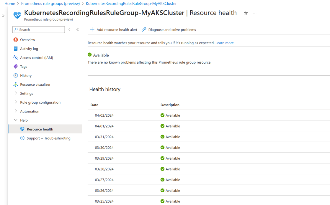 顯示如何檢視 Prometheus 規則群組之資源健康情況歷程記錄的螢幕快照。