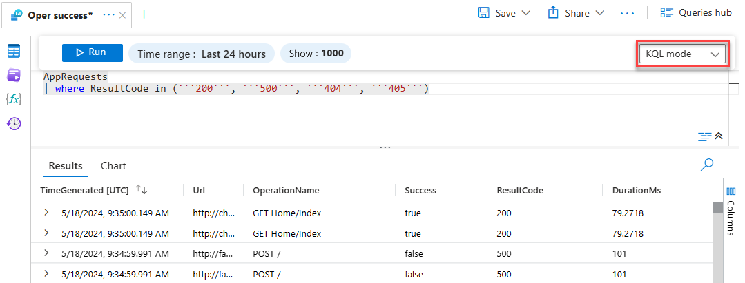 螢幕擷取畫面顯示 Log Analytics KQL 模式中的查詢。
