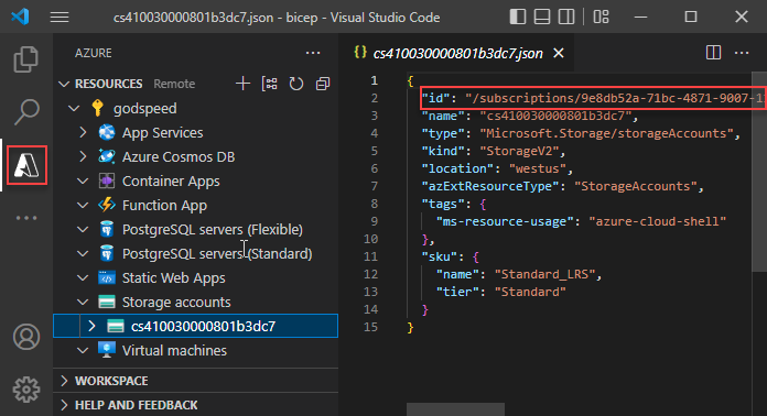 Visual Studio Code 的 Azure Resources 擴充功能螢幕擷取畫面。