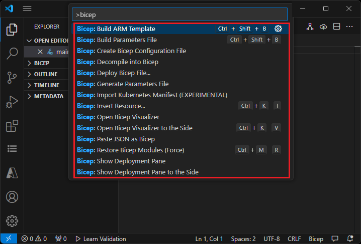 Visual Studio Code 命令選擇區中的 Bicep 命令螢幕擷取畫面。