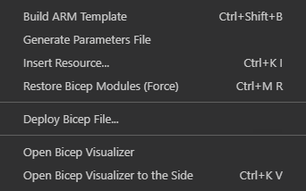 Bicep 檔案內容功能表中的 Visual Studio Code Bicep 命令螢幕擷取畫面。