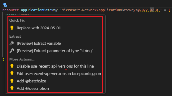 Visual Studio Code 快速修正建議的螢幕擷取畫面。