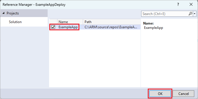 Visual Studio 中 [新增參考] 視窗的螢幕快照，其中已選取 Web 應用程式專案。