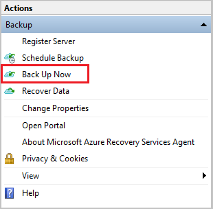截圖顯示如何啟動備份 Windows Server.