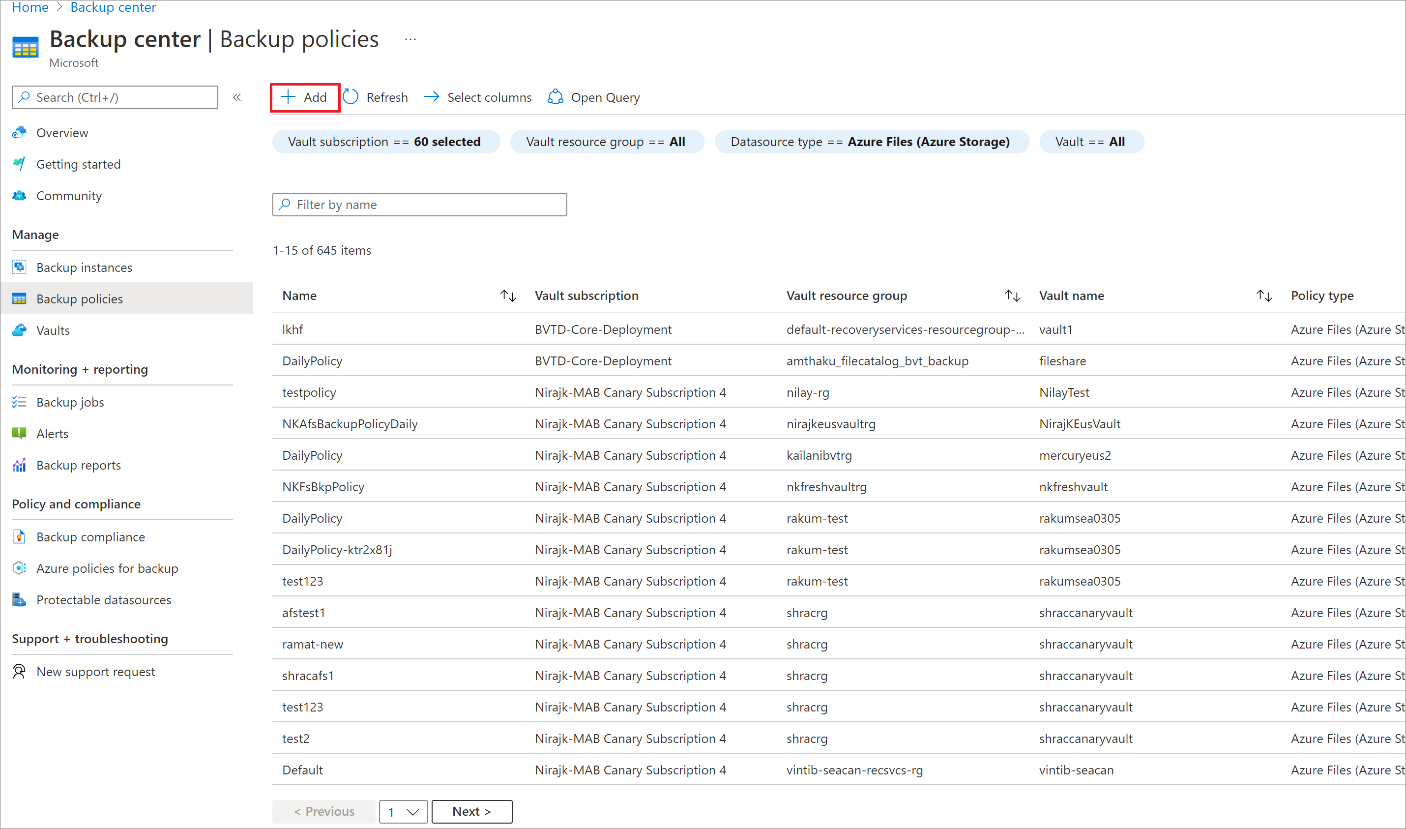 Screenshot showing the option to start creating a new backup policy.